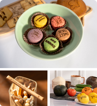 LP1 Plusレーザー彫刻機でマカロンに食品対応の彫刻を施し、ユニークでカスタムなデザートを制作。