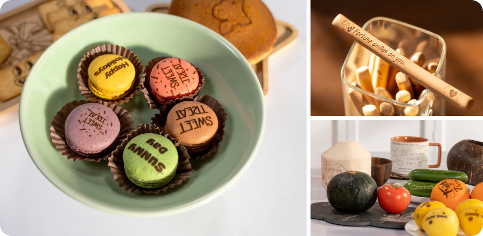 LP1 Plusレーザー彫刻機でマカロンに食品対応の彫刻を施し、ユニークでカスタムなデザートを制作。