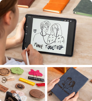 LP1 Plusモバイルアプリを使い、タブレット上で落書きしたメッセージを木材や革に即座に彫刻する様子。