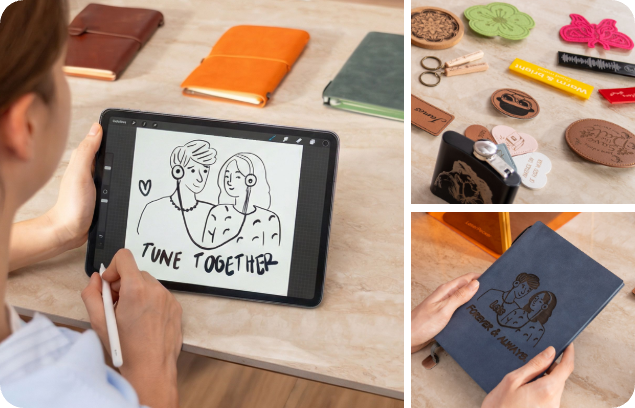 LP1 Plusモバイルアプリを使い、タブレット上で落書きしたメッセージを木材や革に即座に彫刻する様子。