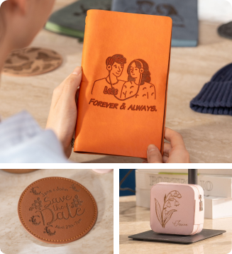 LP1 Plusで詳細にレーザー彫刻されたレザージャーナルのカバーのクローズアップ。