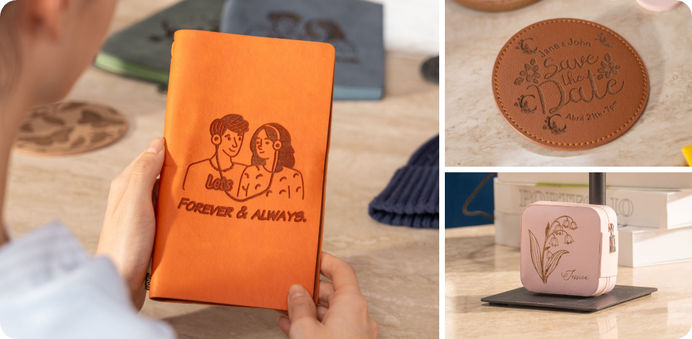 LP1 Plusで詳細にレーザー彫刻されたレザージャーナルのカバーのクローズアップ。