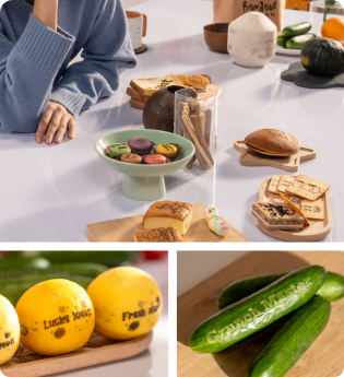 LP1 Plusによるレーザー彫刻が施されたさまざまな焼き菓子やデザートで、食用彫刻のクリエイティブな可能性を示す。