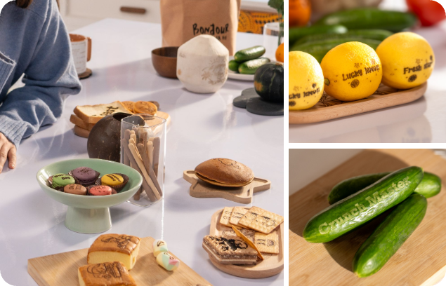 LP1 Plusによるレーザー彫刻が施されたさまざまな焼き菓子やデザートで、食用彫刻のクリエイティブな可能性を示す。