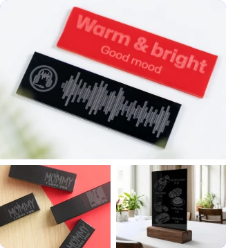 LP1 Plusレーザー彫刻機で作られた、鮮明なディテールを実現したカスタムアクリルタグ。パーソナルラベルや看板に最適。