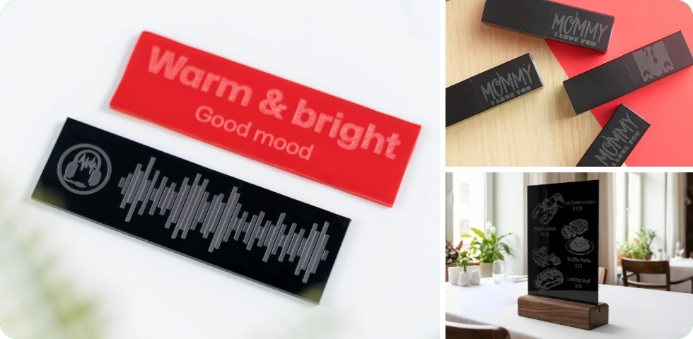 LP1 Plusレーザー彫刻機で作られた、鮮明なディテールを実現したカスタムアクリルタグ。パーソナルラベルや看板に最適。