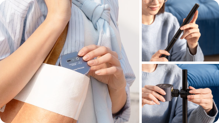 コンパクトで軽量なLP1 Plusレーザー彫刻機をバックパックに収納する様子、外出先でのクラフト制作に最適。