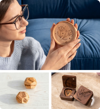 LP1 Plusで花柄を彫刻したオリジナル木製コースターで、パーソナルギフトに最適。