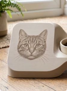 愛猫のイラストがカスタマイズ刻印された、PETG製3Dプリント猫用ボウルスタンド