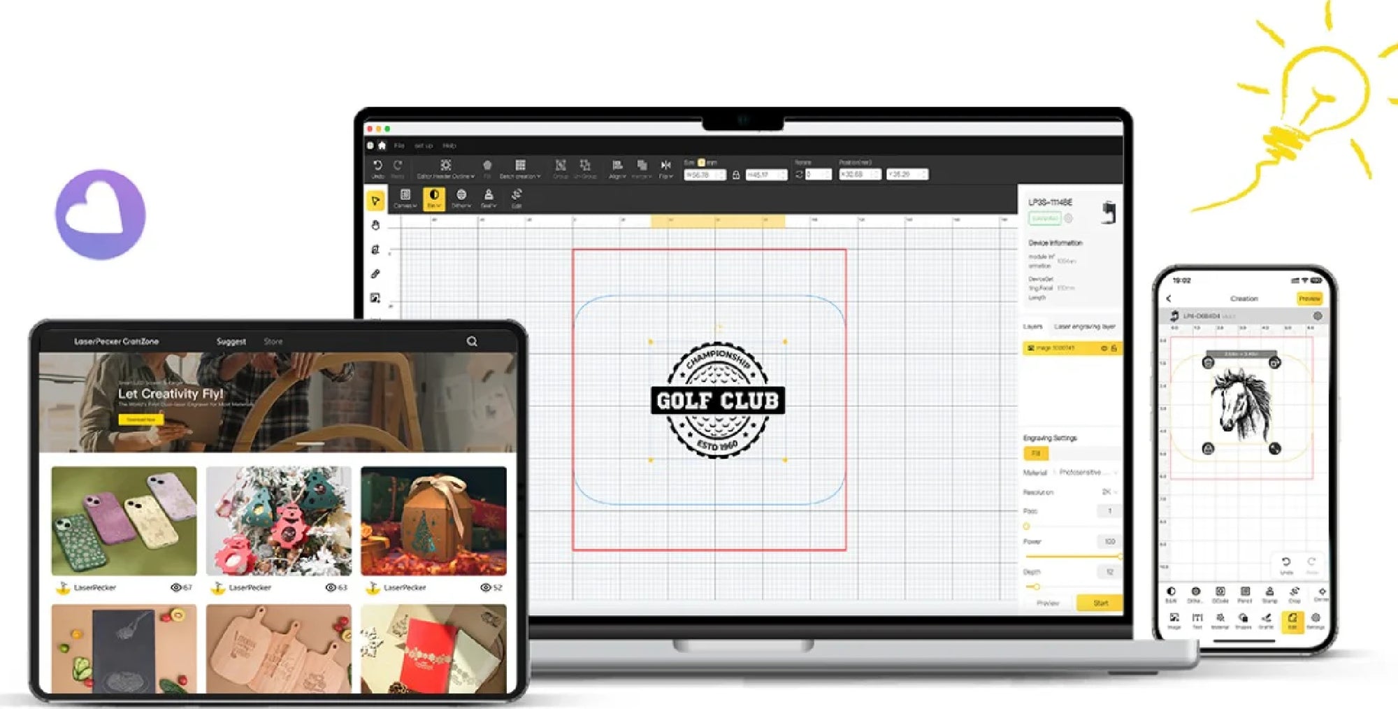 レーザーペッカー専用ソフト　LaserPecker Design Space のPC、タブレット、スマホの画面