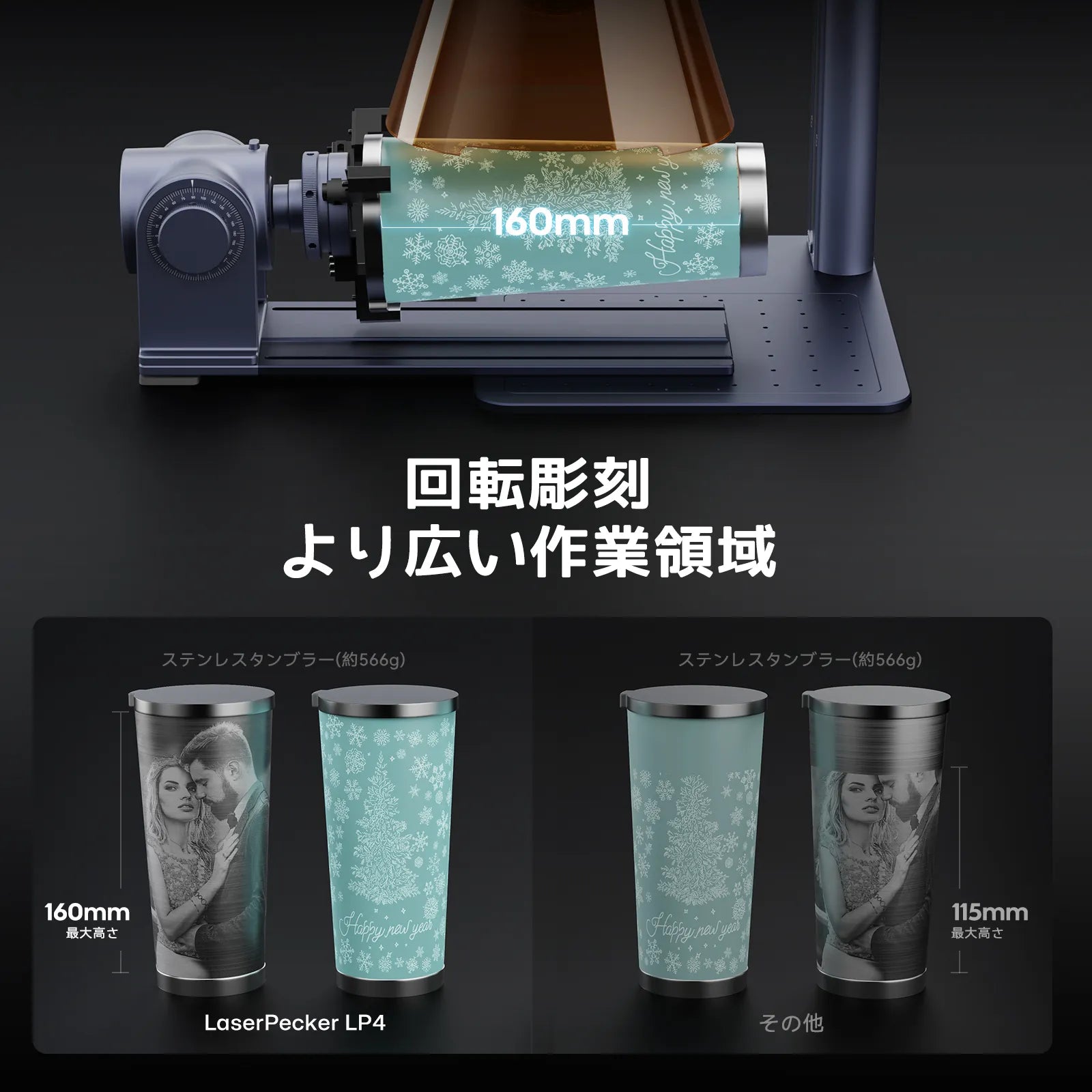 LaserPecker LP4 回転軸タンブラー彫刻範囲