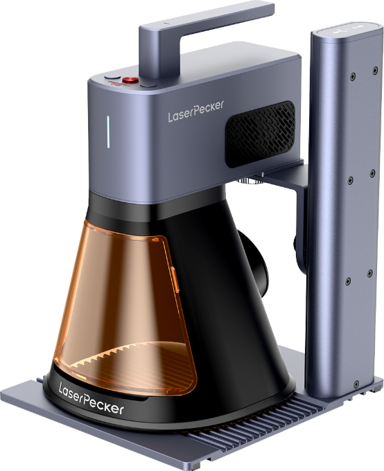 レーザーペッカー LP2 Plus ポータブルレーザー彫刻機に保護シールドと電動スタンドを装備、コンパクトで高速・高精度な金属・木材彫刻。